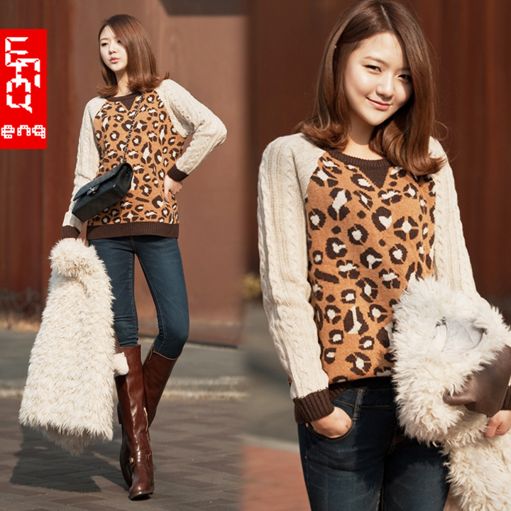 2012 autumn and winter trend leopard print pullover sweater women's patchwork leopard print o-neck long-sleeve basic sweater