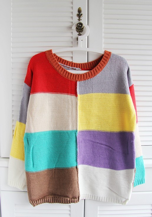 2012 autumn and winter vintage big box multicolour plaid pullover long-sleeve sweater loose sweater Women