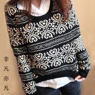2012 autumn and winter vintage fashion national trend stripe jacquard sweater pullover sweater female