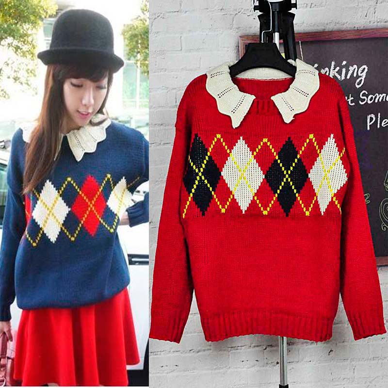 2012 autumn and winter vivi10 vintage wave turn-down collar color block fashion plaid jacquard long-sleeve sweater SH