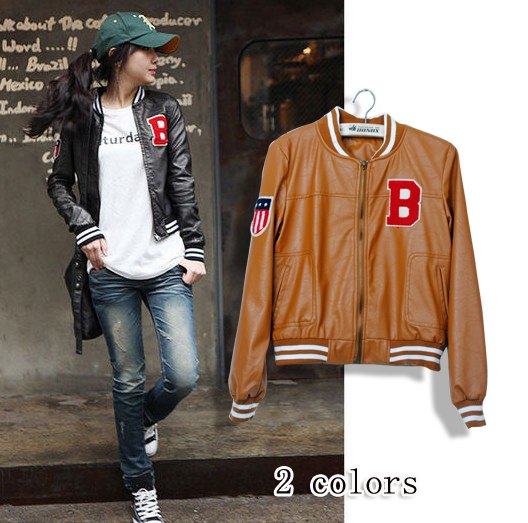 2012 autumn and winter women 866610 casual all-match b letter applique stand collar street PU clothing outerwear