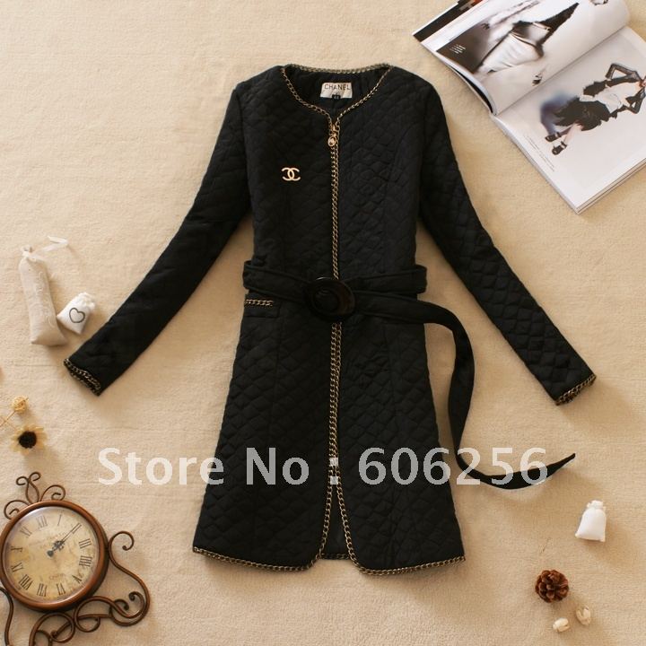 2012 autumn and winter women brand gold chain design outerwear, vintage slim long cotton-padded jacket with belt 2 colors