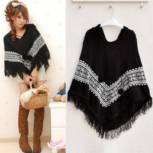 2012 autumn and winter women cloak with a hood belt fur ball black-matrix white print tassel cape shirt