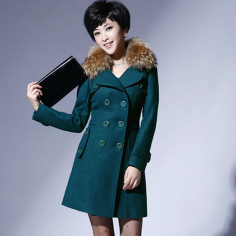 2012 autumn and winter women double breasted fur collar slim woolen outerwear overcoat trench