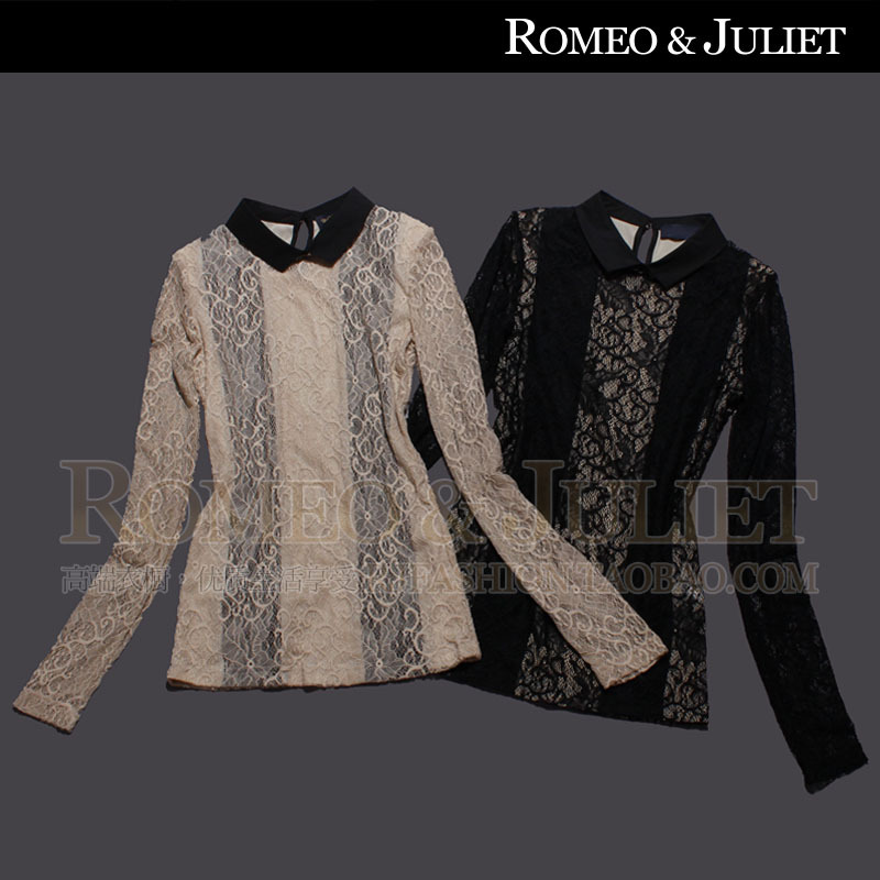 2012 autumn and winter women fashion elegant small lapel slim sexy cutout long-sleeve lace shirt basic shirt