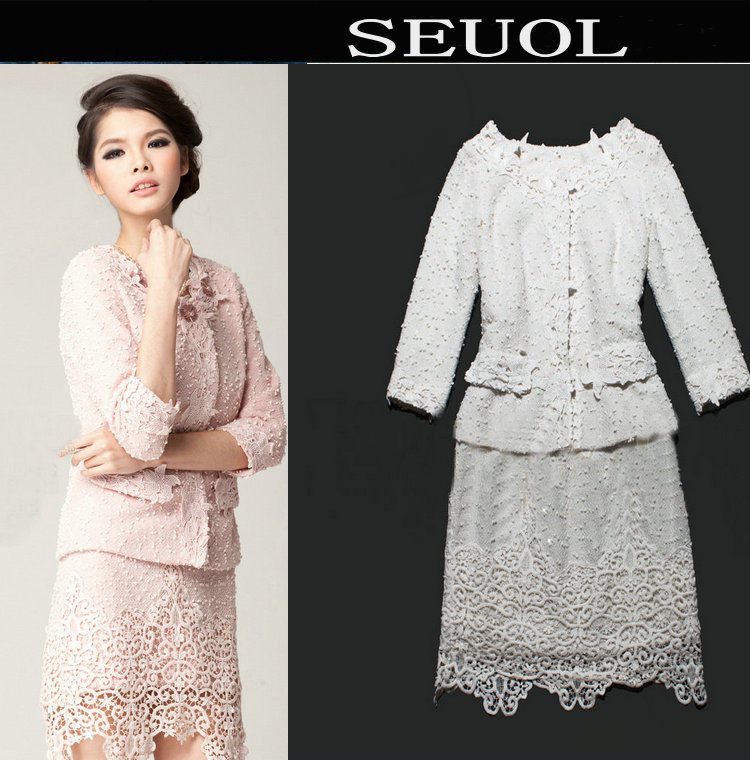 2012 autumn and winter women fashion ladies gentlewomen hydrotropic lace three quarter sleeve outerwear tank dress set