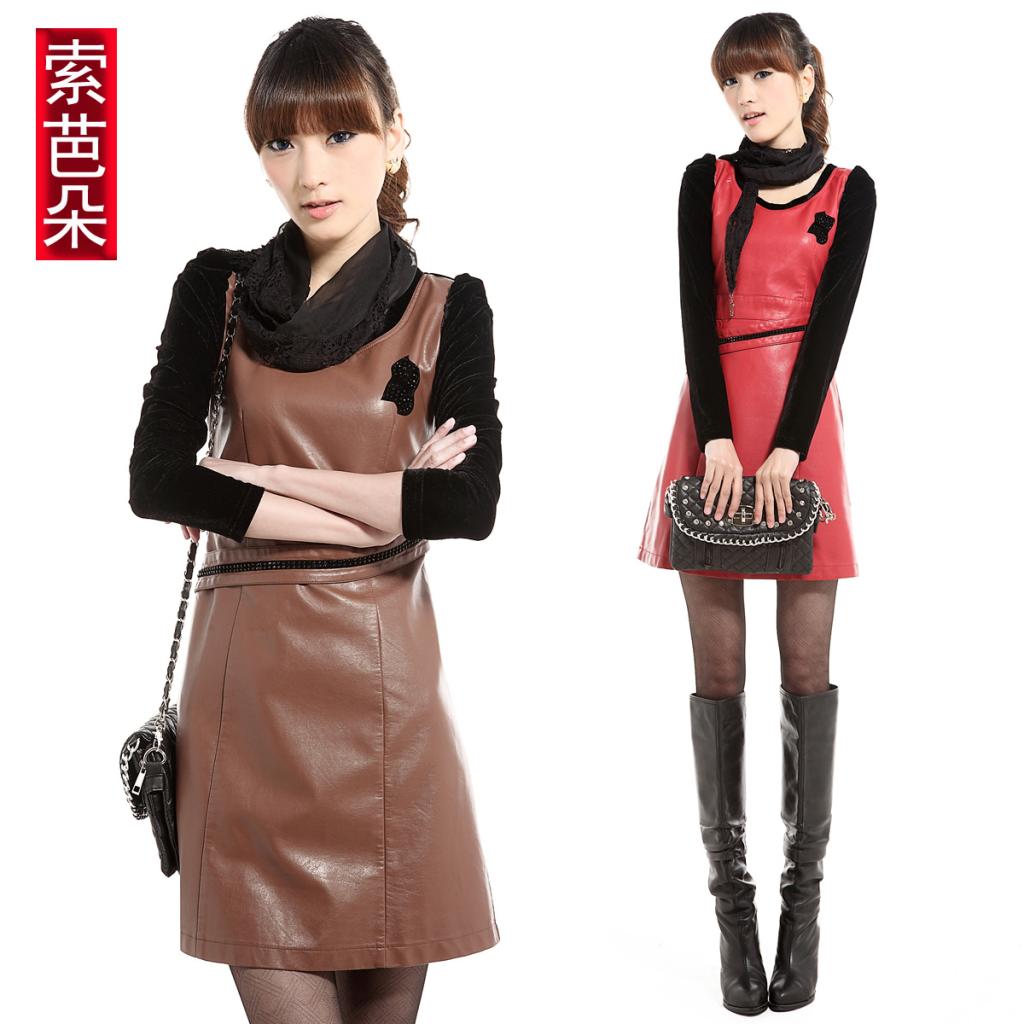 2012 autumn and winter women fashion leather clothing long-sleeve autumn and winter one-piece dress PU skirt 827