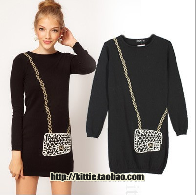 2012 autumn and winter women fashion  messenger bag print basic knitted sweater dress one-piece dress