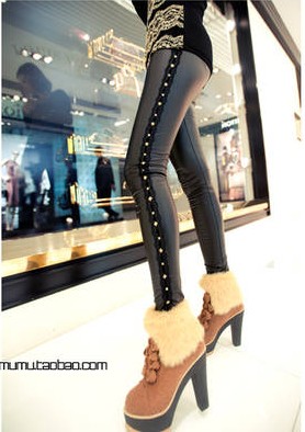 2012 autumn and winter women fashion personality rivet lace patchwork faux leather legging black tights ankle length trousers