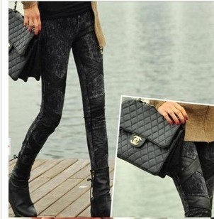 2012 autumn and winter women faux leather patchwork legging pencil pants female trousers