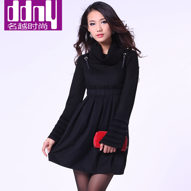 2012 autumn and winter women genuine leather spaghetti strap tank dress solid color pleated wool one-piece dress