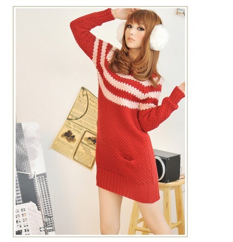 2012 autumn and winter women jacquard stripe pineapple needle medium-long o-neck sweater pullover sweater outerwear