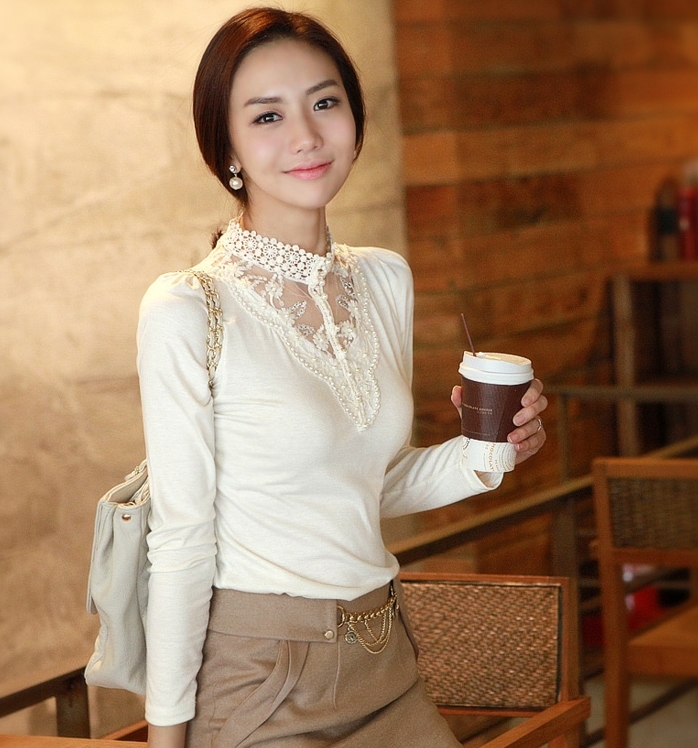 2012 autumn and winter women lace beading gentlewomen all-match casual cotton basic shirt sweater