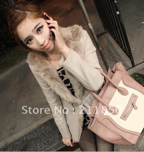2012 autumn and winter women large lapel after the bow rabbit fur woolen outerwear fashion coat trench