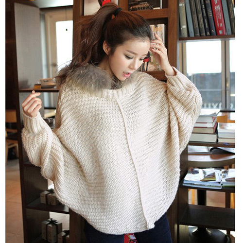 2012 Autumn and winter women loose plus size rabbit fur with a hood cloak batwing sleeve sweater .