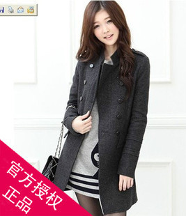 2012 autumn and winter women medium-long slim stand collar double breasted wool coat trench outerwear
