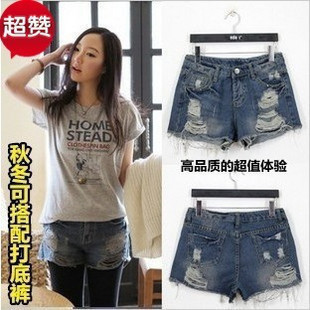 2012 autumn and winter women mm plus size loose denim shorts hole shorts