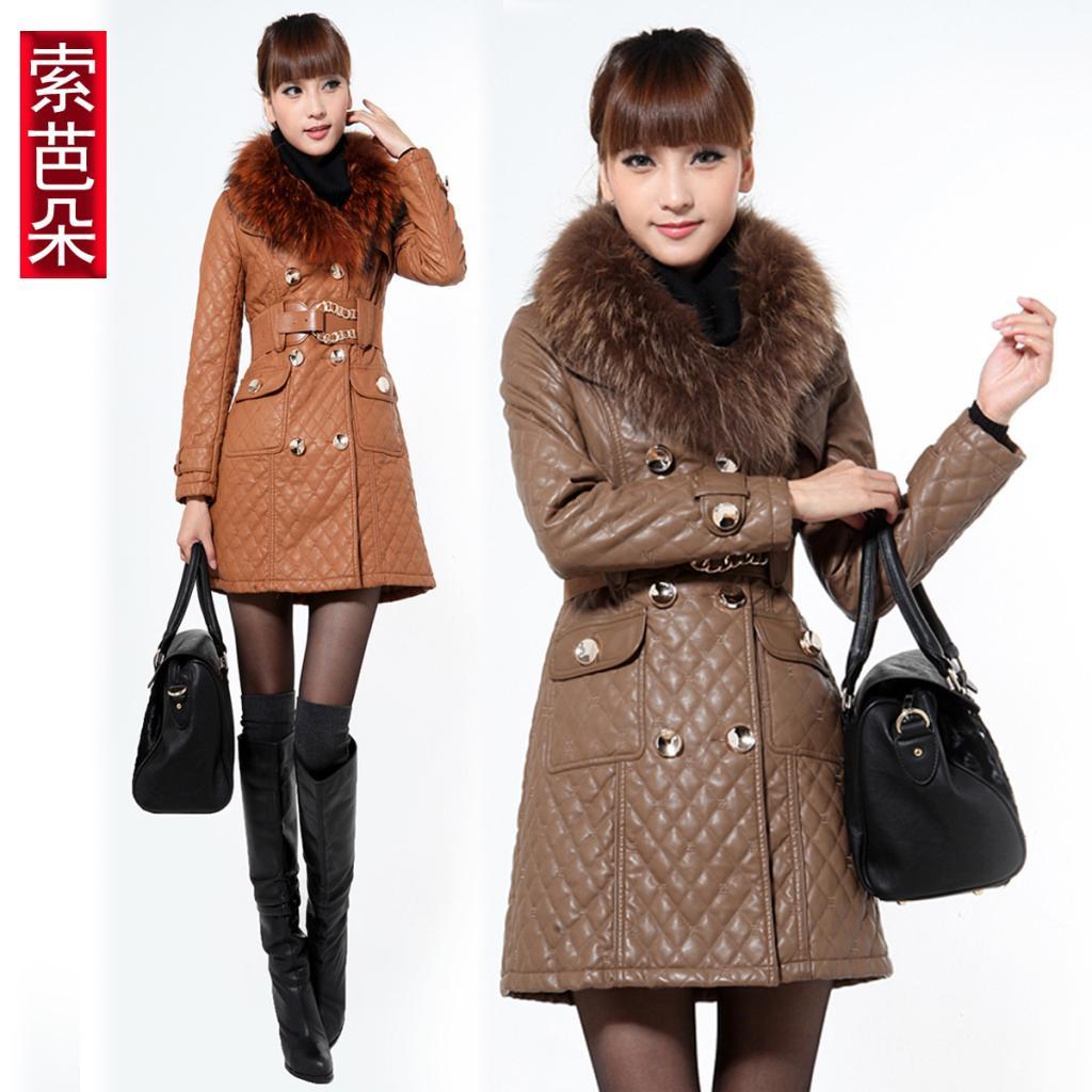 2012 autumn and winter women outerwear slim pew raccoon fur PU wadded jacket long design leather clothing free shipping