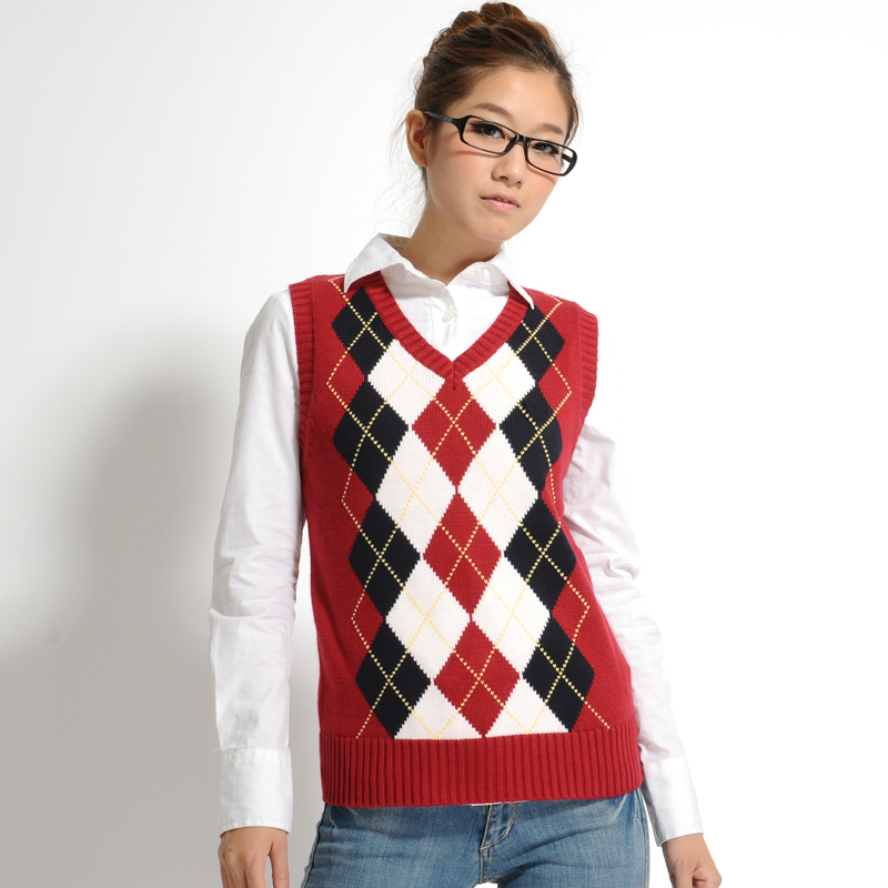 2012 autumn and winter Women plaid knitted pullover vest fashion preppy style sweater vest clip waistcoat