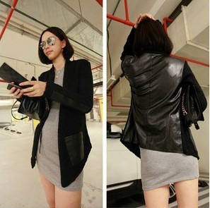 2012 autumn and winter women plus size back patchwork pocket suit jacket leather clothing female
