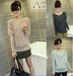 2012 autumn and winter women plus size small shirt fashion reticularis pearl o-neck long-sleeve Women sweater ,Free shipping