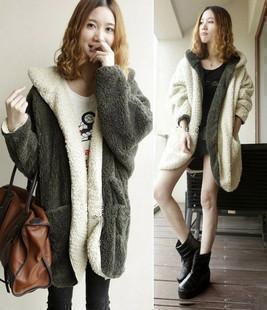 2012 autumn and winter women plus size two ways with a hood berber fleece cardigan medium-long fleece outerwear overcoat
