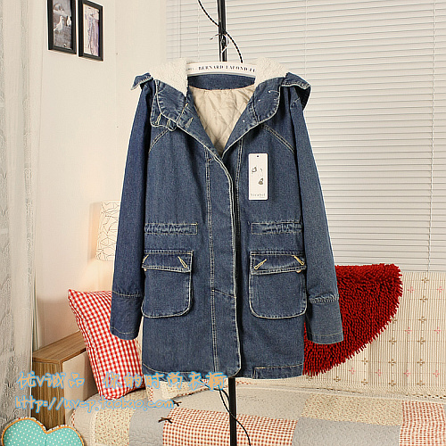 2012 autumn and winter women plus velvet thickening denim long design outerwear thermal trench