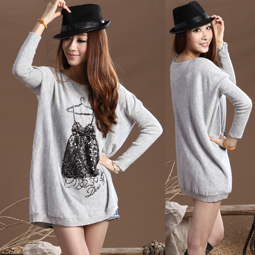 2012 autumn and winter women rhinestones print batwing sleeve rabbit hair sweater