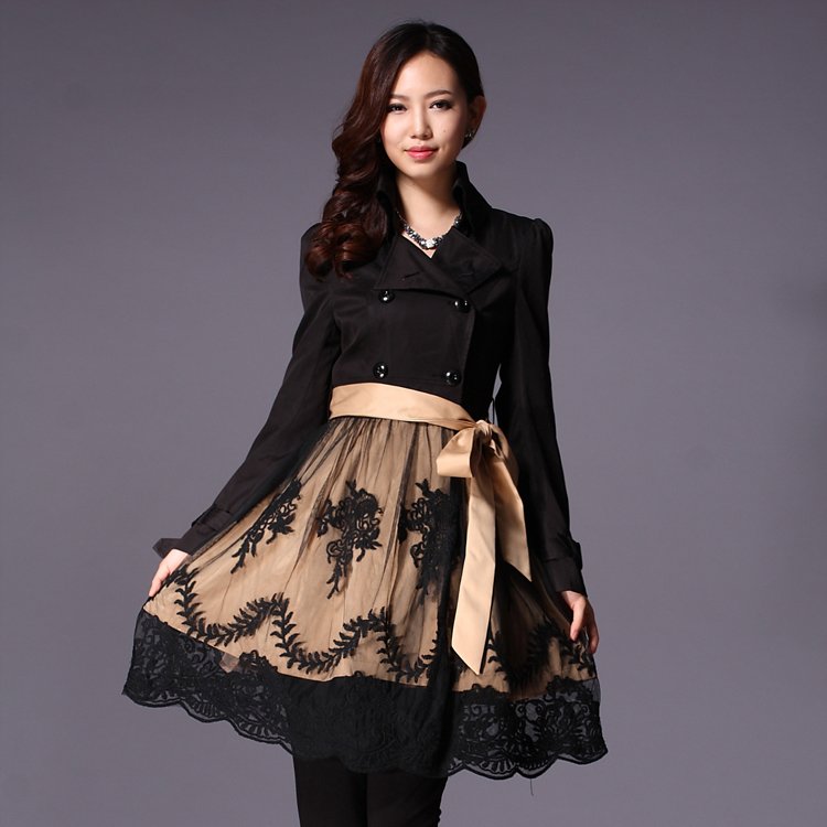 2012 autumn and winter  women's fashion  windbreaker belted jacket with hallow flower