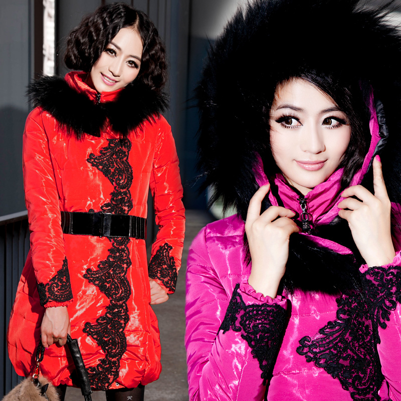 2012 autumn and winter women's lace raccoon large fur collar slim medium-long down coat down coat