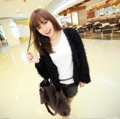 2012 autumn and winter women solid color slim lantern sleeve short design cardigan all-match plush casual outerwear