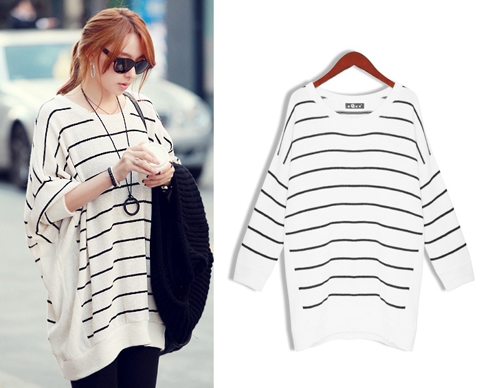 2012 autumn and winter women sweater loose sweater plus size batwing sleeve medium-long stripe pullover sweater female