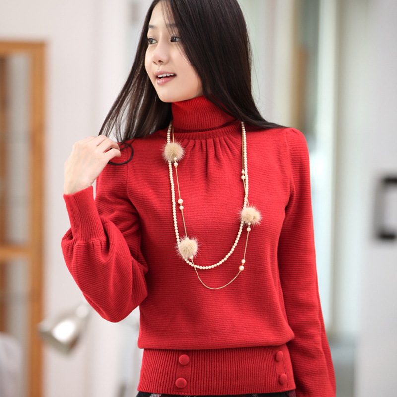 2012 autumn and winter women turtleneck loose basic lantern sleeve pullover red knitted sweater