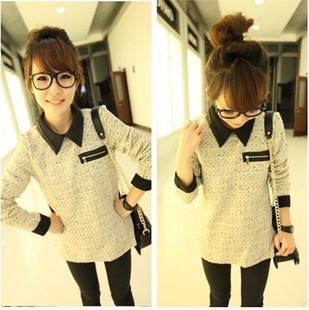 2012 autumn and winter women vintage elegant woolen knitted leather turn-down collar patchwork all-match shirt 232
