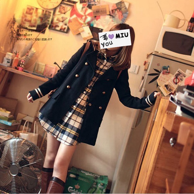 2012 autumn and winter women vintage preppy style navy suit turn-down collar double breasted cardigan long-sleeve outerwear