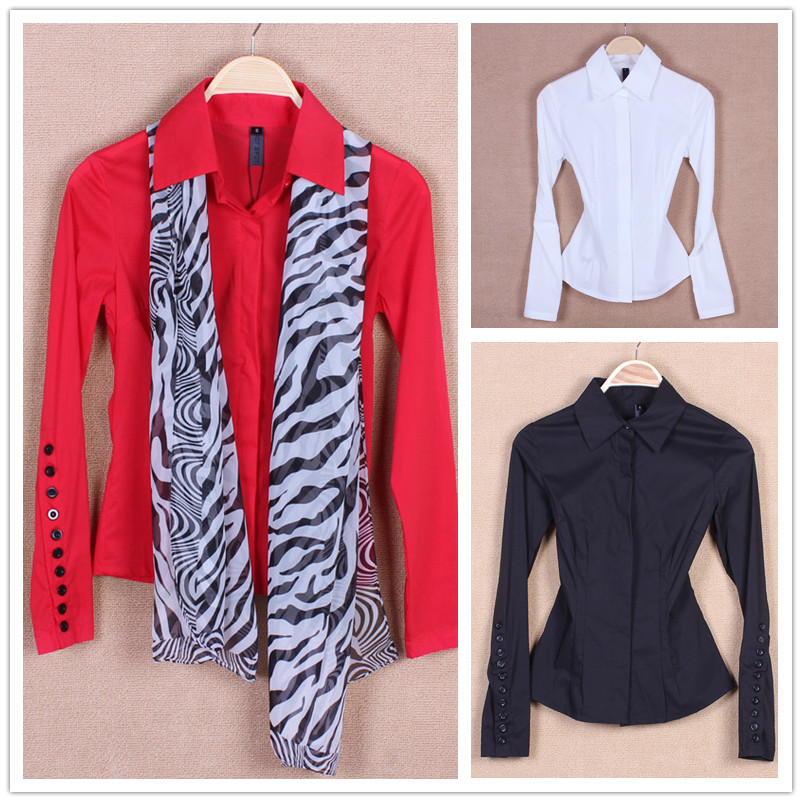 2012 autumn and winter women white red black slim cotton long-sleeve shirt silk scarf