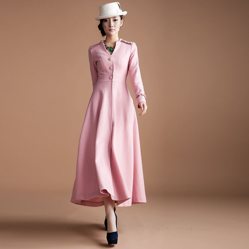 2012 autumn and winter women woolen outerwear elegant long design pink woolen jacket coat woolen trench dress