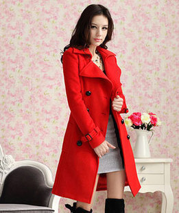 2012 autumn and winter women zither outerwear red double breasted belt woolen overcoat trench c12 free shipping