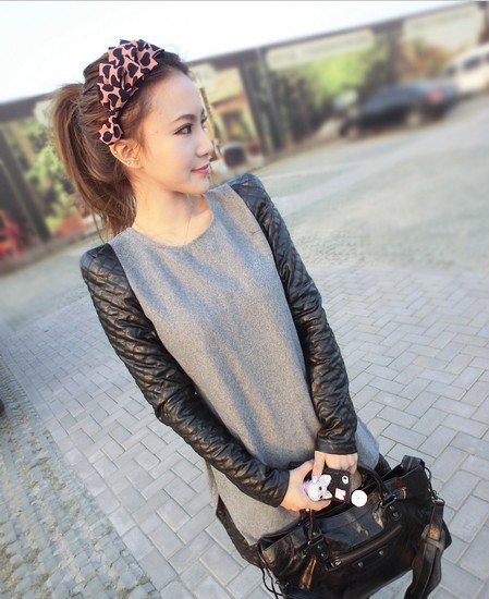 2012 autumn and winter woolen one-piece dress patchwork leather long-sleeve elegant one-piece dress