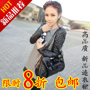 2012 autumn and winter woolen one-piece dress patchwork leather shoulder pads small long-sleeve one-piece dress skirt