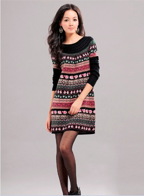 2012 autumn and winter woven pattern stripe thermal medium-long knitted sweater dress