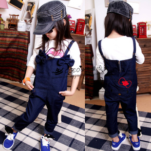 2012 autumn baby girls kitty cat embroidery overalls suspenders jumpsuit trousers children jeans 5pcs/lot