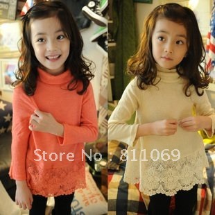 2012 autumn baby girls long sleeved dress girl's lace primer shirt with turtleneck children clothers 5pcs/lot free shipping