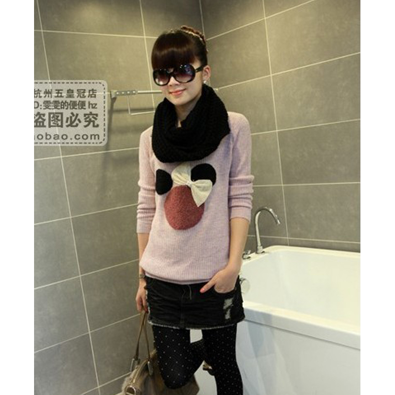 2012 autumn belt bow MICKEY o-neck long-sleeve medium-long women's long-sleeve basic shirt TT