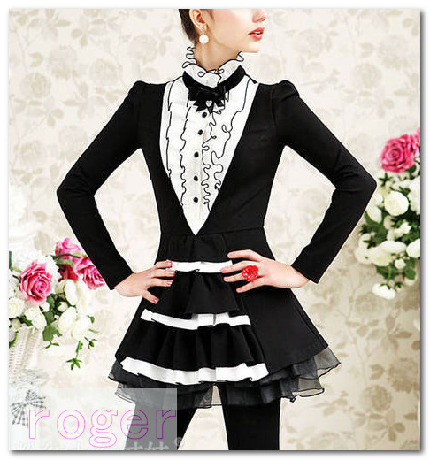 2012 autumn black-and-white juxtaposition royal ruffle skirt shirt paragraph basic shirt