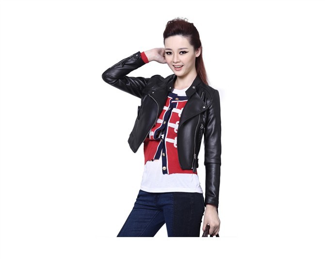 2012 autumn british style short design rivets turn-down collar motorcycle leather clothing short casual outerwear