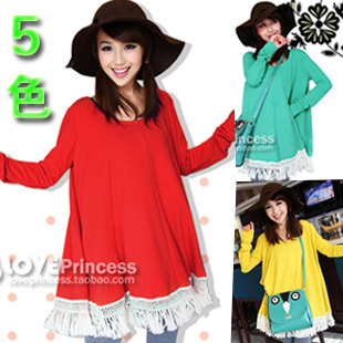 2012 autumn candy color sweep tassel loose long-sleeve t-shirt maternity dress long design top multicolor