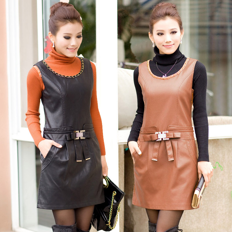 2012 autumn casual one-piece dress trend women's autumn new arrival slim vest basic water washed leather skirt