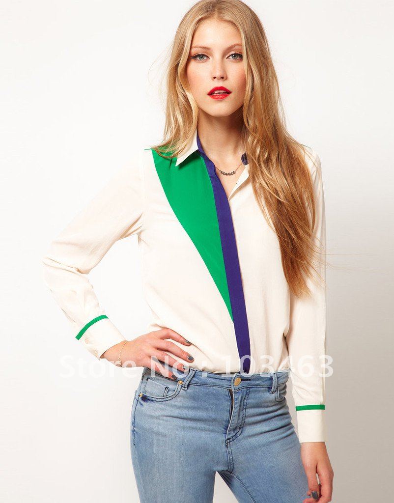 2012 Autumn Chiffon European White/Black Fashion Women's Color Matching Shirt with Long Sleeve Stylish Top V47