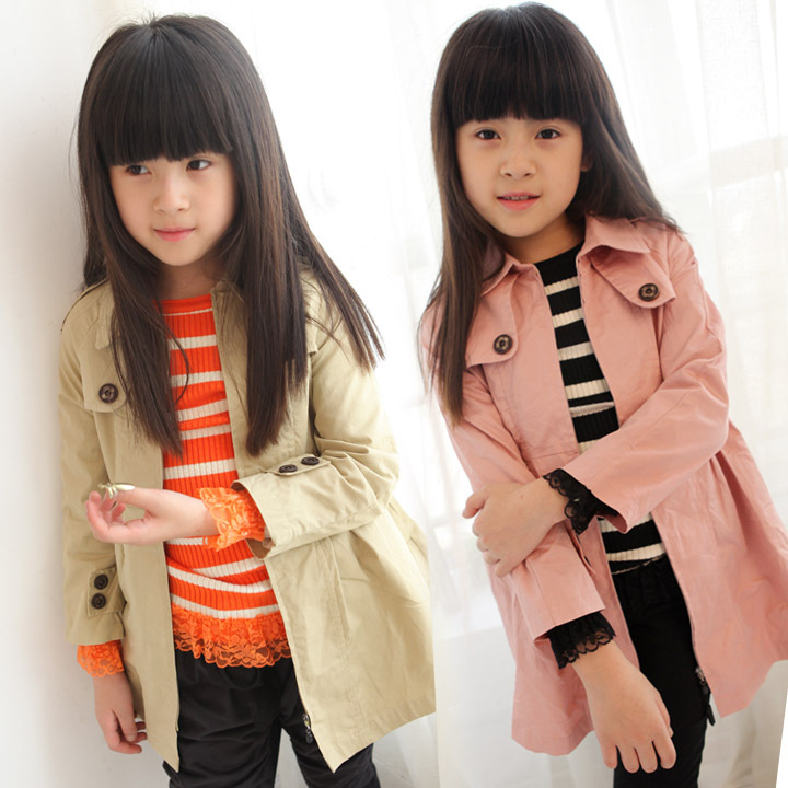 2012 autumn children's clothing female child brief button epaulette slim waist medium-long trench outerwear